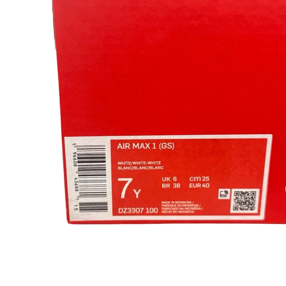 NIB! Nike Air Max 1 (GS) White Athletic Sneaker - Youth 7 / Women 8.5